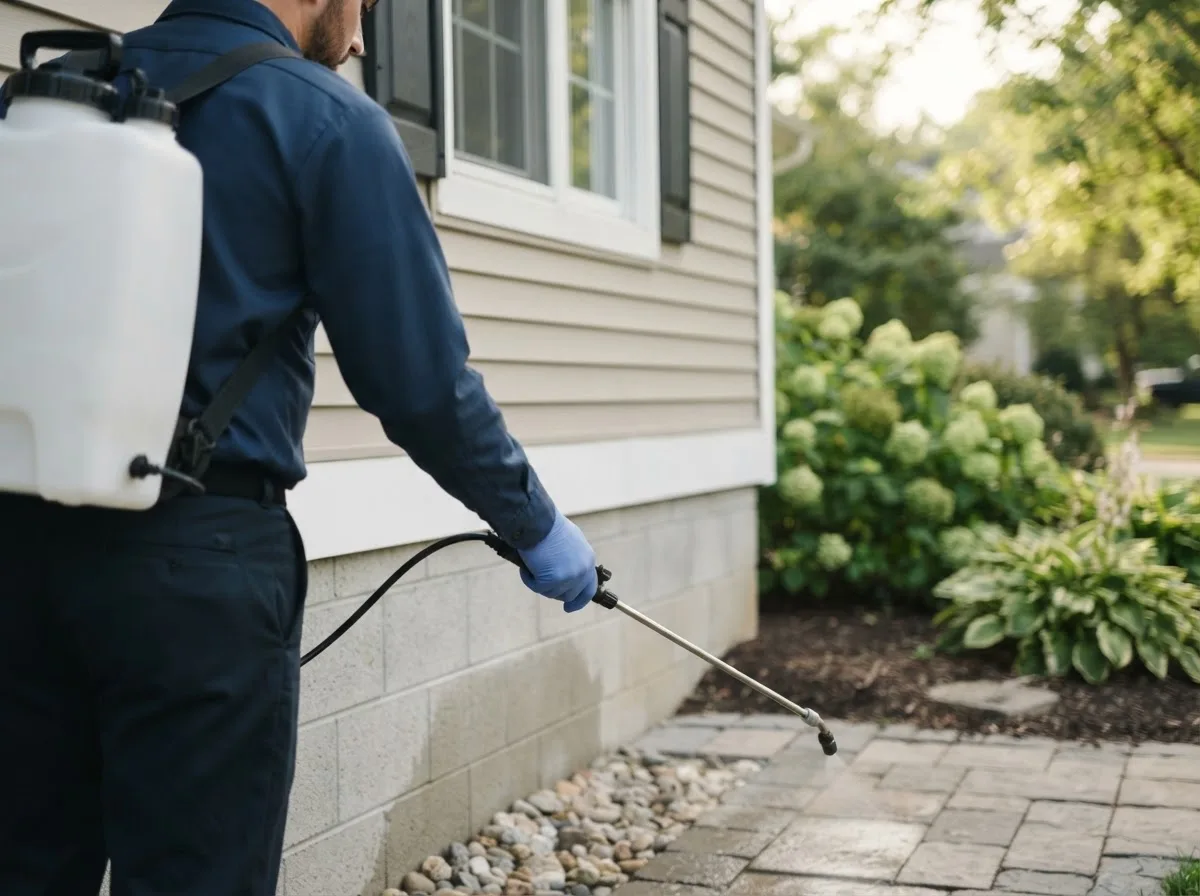 Pest control technician inspecting a home in Lakeville, NY